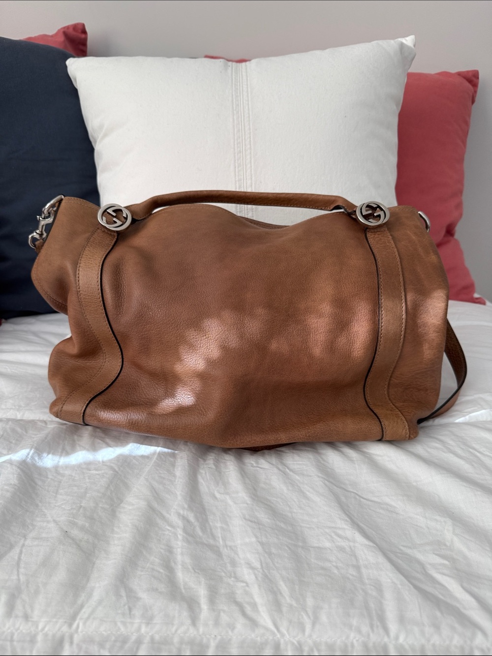 Gucci Cognac Leather Hobo Bag with Silver-Tone Hardware